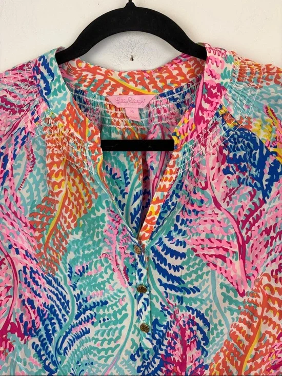 Lilly Pulitzer Popover Electric Feel 100% Silk Long Sleeve Elsa Blouse Medium - Picture 3 of 9